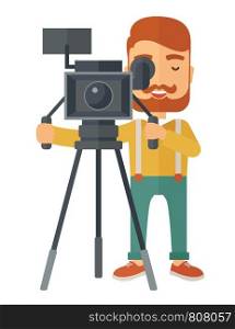 A caucasian videographer taking a video. A Contemporary style. Vector flat design illustration isolated white background. Vertical layout. Videographer and his video cam with tripod.