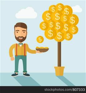 A Caucasian with beard man standing while catching a dollar coin from money tree. Dollar signs growing on branches and falling from tree. A contemporary style with pastel palette soft blue tinted background with desaturated clouds. Vector flat design illustration. Square layout.. Money Growing on trees.