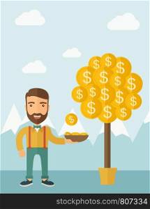 A Caucasian with beard man standing while catching a dollar coin from money tree. Dollar signs growing on branches and falling from tree. A contemporary style with pastel palette soft blue tinted background with desaturated clouds. Vector flat design illustration. Vertical layout.. Money Growing on trees.