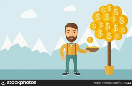 A Caucasian with beard man standing while catching a dollar coin from money tree. Dollar signs growing on branches and falling from tree. A contemporary style with pastel palette soft blue tinted background with desaturated clouds. Vector flat design illustration. Horizontal layout. Money Growing on trees.