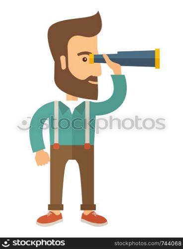 A Caucasian with beard with binocular looking for something. A Contemporary style. Vector flat design illustration with isolated white background. Vertical layout.. Man with binocular