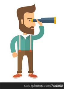 A Caucasian with beard with binocular looking for something. A Contemporary style. Vector flat design illustration with isolated white background. Vertical layout.. Man with binocular