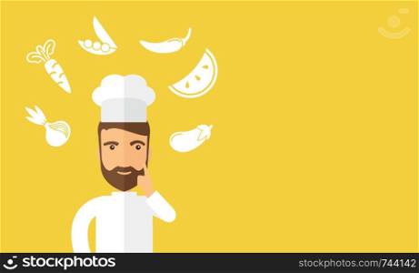 A caucasian worker trying to cook for dinner in his kitchen while looking at the cook book as his guide. Learning concept. A Contemporary style with pastel palette, soft beige tinted background. Vector flat design illustration. Horizontal layout with text space in right side.. Thinking cook.