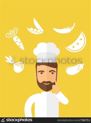 A caucasian worker trying to cook for dinner in his kitchen while looking at the cook book as his guide. Learning concept. A Contemporary style with pastel palette, Yellow tinted background. Vector flat design illustration. Horizontal layout with text space in right side.. Thinking cook.