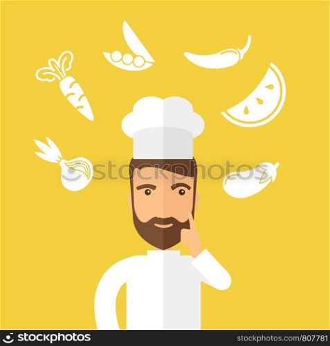 A caucasian worker trying to cook for dinner in his kitchen while looking at the cook book as his guide. Learning concept. A Contemporary style with pastel palette, Yellow background. Vector flat design illustration. Horizontal layout with text space in right side.. Thinking cook.
