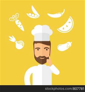 A caucasian worker trying to cook for dinner in his kitchen while looking at the cook book as his guide. Learning concept. A Contemporary style with pastel palette, Yellow background. Vector flat design illustration. Horizontal layout with text space in right side.. Thinking cook.