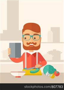 A caucasian worker trying to cook for dinner in his kitchen while looking at the cook book as his guide. Learning concept. A Contemporary style with pastel palette, soft beige tinted background. Vector flat design illustration. Vertical layout with text space on top part.. Worker cook with menu.