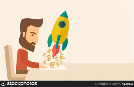 A Caucasian young man with beard sitting with those EURO and DOLLAR sign infront of him, a symbol of starting new project. Launch a new innovation product concept. A contemporary style with pastel palette, beige tinted background. Vector flat design illustration. Horizontal layout with text space in right side.. On-line startup