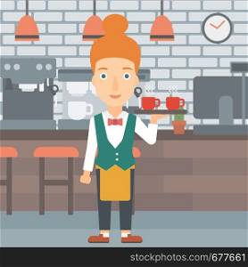 A charming waiteress holding a tray with cups of tea or coffee at the bar vector flat design illustration. Square layout.. Waiteress holding tray with beverages.