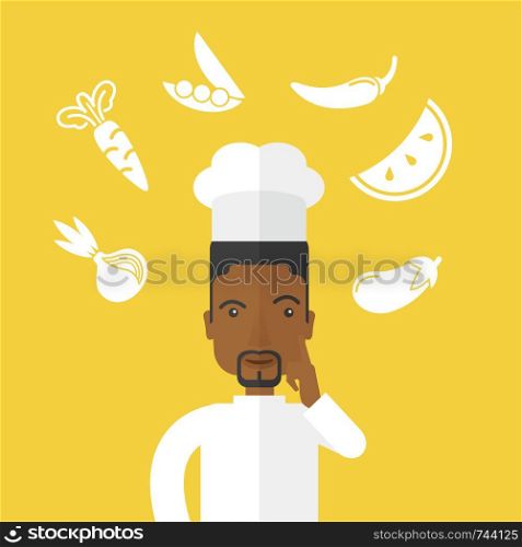 A cheerful african-american chief-cooker in uniform with finger up and vegetables flying in air vector flat design illustration. Square layout.. Chief-cooker
