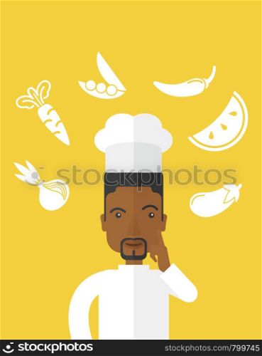 A cheerful african-american chief-cooker in uniform with finger up and vegetables flying in air vector flat design illustration. Vertical layout with a text space.. Chief-cooker