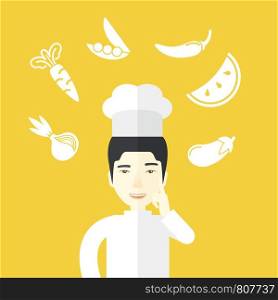 A cheerful asian chief-cooker in uniform with finger up and vegetables flying in air vector flat design illustration. Square layout.. Chief-cooker