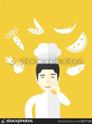 A cheerful asian chief-cooker in uniform with finger up and vegetables flying in air vector flat design illustration. Vertical poster layout with a text space.. Chief-cooker