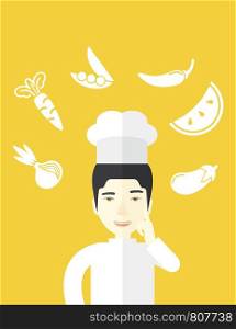 A cheerful asian chief-cooker in uniform with finger up and vegetables flying in air vector flat design illustration. Vertical poster layout with a text space.. Chief-cooker