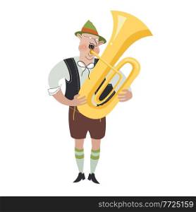 A cheerful character of the Oktoberfest festival. A man in a traditional German costume plays the trumpet. Vector illustration.. A cheerful character of the Oktoberfest festival. Vector illustration.