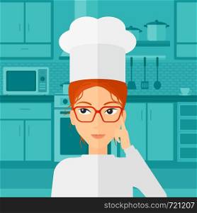 A cheerful chief-cooker in uniform standing in the kitchen and pointing forefinger up vector flat design illustration. Square layout.. Chef pointing forefinger up.
