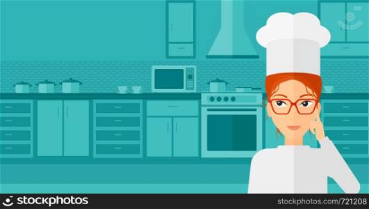 A cheerful chief-cooker in uniform standing in the kitchen and pointing forefinger up vector flat design illustration. Horizontal layout.. Chef pointing forefinger up.