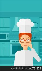 A cheerful chief-cooker in uniform standing in the kitchen and pointing forefinger up vector flat design illustration. Vertical layout.. Chef pointing forefinger up.