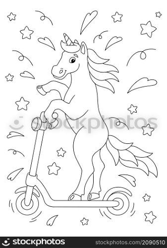 A cheerful unicorn rides an electric scooter. Coloring book page for kids. Cartoon style character. Vector illustration isolated on white background.