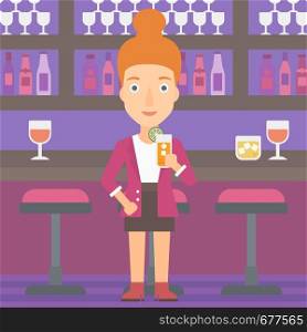 A cheerful woman standing at the bar and holding a glass of juice vector flat design illustration. Square layout.. Woman holding glass of juice.