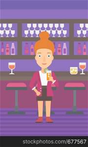A cheerful woman standing at the bar and holding a glass of juice vector flat design illustration. Vertical layout.. Woman holding glass of juice.