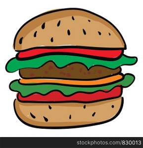 A cheeseburger with one patty lettuce leaves and slices of tomatoes vector color drawing or illustration