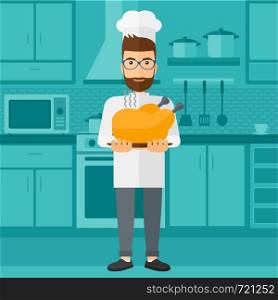 A chef stnding in the kitchen and holding a plate with a hot chicken vector flat design illustration. Square layout.. Man holding roasted chicken.