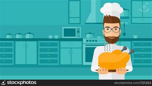 A chef stnding in the kitchen and holding a plate with a hot chicken vector flat design illustration. Horizontal layout.. Man holding roasted chicken.