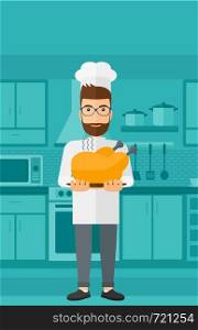 A chef stnding in the kitchen and holding a plate with a hot chicken vector flat design illustration. Vertical layout.. Man holding roasted chicken.