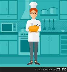 A chef stnding in the kitchen and holding a plate with a hot chicken vector flat design illustration. Square layout.. Woman holding roasted chicken.