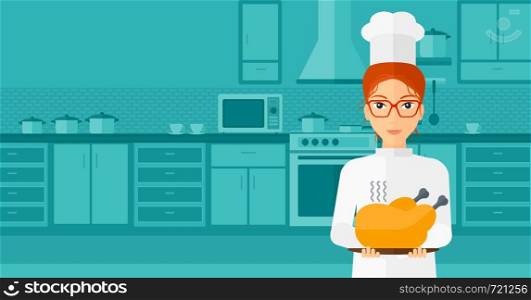 A chef stnding in the kitchen and holding a plate with a hot chicken vector flat design illustration. Horizontal layout.. Woman holding roasted chicken.