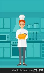 A chef stnding in the kitchen and holding a plate with a hot chicken vector flat design illustration. Vertical layout.. Woman holding roasted chicken.
