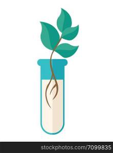 A Chemical test tube with green plant. A Contemporary style. Vector flat design illustration isolated white background. Vertical layout.. Chemical test tube with green plant