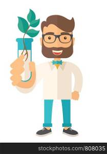 A chemist holding a test tube with eco leaves. A Contemporary style. Vector flat design illustration isolated white background. Vertical layout. Chemist with tube and eco leaves.