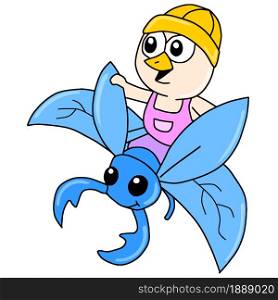 a child flies on a blue insect. cartoon illustration sticker mascot emoticon