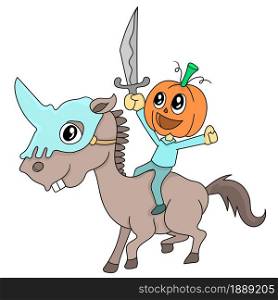 a child wearing a pumpkin costume riding a horse as a knight. cartoon illustration sticker emoticon
