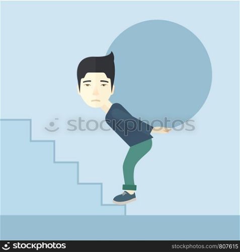 A chinese buisnessman sacrifice in carrying a big ball going up to reach the goal. A Contemporary style with pastel palette, soft blue tinted background. Vector flat design illustration. Square layout.. Chinese Businessman needs sacrifices