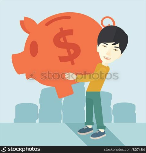 A chinese Businessman carries on his two arms his big piggy bank for economy purposes saving money is very important. Investment concept. A contemporary style with pastel palette soft blue tinted background. Vector flat design illustration. Square layout. . Chinese businessman carries a big piggy bank for saving money.