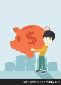 A chinese Businessman carries on his two arms his big piggy bank for economy purposes saving money is very important. Investment concept. A contemporary style with pastel palette soft blue tinted background. Vector flat design illustration. Vertical layout with text space on top part.. Chinese businessman carries a big piggy bank for saving money.
