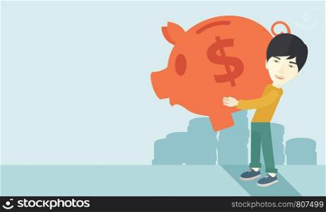 A chinese Businessman carries on his two arms his big piggy bank for economy purposes saving money is very important. Investment concept. A contemporary style with pastel palette soft blue tinted background. Vector flat design illustration. Horizontal layout with text space in left side. . Chinese businessman carries a big piggy bank for saving money.