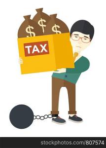 A chinese businessman locked in a debt ball in chain for committing crime in tax evasion. Debt concept. A contemporary style. Vector flat design illustration with isolated white background. Vertical layout. . Chinese businessman locked in debt