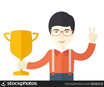 A chinese businessman proudly holding up winning trophy. Winner concept. A Contemporary style. Vector flat design illustration isolated white background. Square layout.. Asian man standing while holding his trophy.