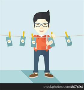 A chinese businessman standing hanging his money has a financial problem. He enter into money laundering business. Bankruptcy concept. A contemporary style with pastel palette soft blue tinted background. Vector flat design illustration. Square layout. . Chinese buisnessman hang his money.