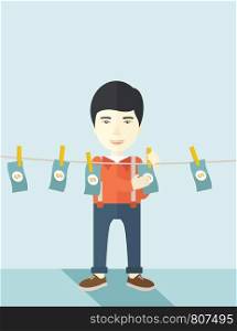 A chinese businessman standing hanging his money has a financial problem. He enter into money laundering business. Bankruptcy concept. A contemporary style with pastel palette soft blue tinted background. Vector flat design illustration. Vertical layout with text space on top part.. Chinese buisnessman hang his money.
