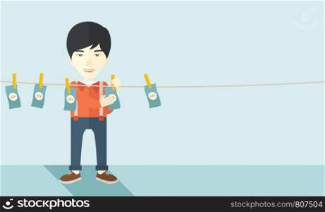 A chinese businessman standing hanging his money has a financial problem. He enter into money laundering business. Bankruptcy concept. A contemporary style with pastel palette soft blue tinted background. Vector flat design illustration. Horizontal layout with text space in right side. . Chinese buisnessman hang his money.