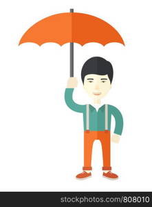 A chinese businessman standing holding umbrella for his protection in any calamity. A Contemporary style. Vector flat design illustration isolated white background. Vertical layout. Chinese businessman with umbrella as protection.