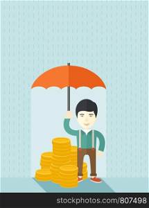 A chinese businessman standing holding umbrella protecting his money to investments, money management. Saving money for any financial crisis will come. Saving concept. A contemporary style with pastel palette soft blue tinted background. Vector flat design illustration. Vertical layout with text space on top part.. Chinese businessman with umbrella as protection for his investment.