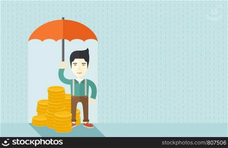 A chinese businessman standing holding umbrella protecting his money to investments, money management. Saving money for any financial crisis will come. Saving concept. A contemporary style with pastel palette soft blue tinted background. Vector flat design illustration. Horizontal layout with text space in right side.. Chinese businessman with umbrella as protection for his investment.