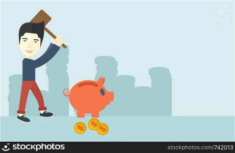 A chinese businessman standing while holding a hammer breaking piggy bank with dollar coins for financial assistance of his foreclosure business. Financial crisis concept. A contemporary style with pastel palette soft blue tinted background. Vector flat design illustration. Horizontal layout with text space in right side.. Chinese guy holding a hammer breaking piggy bank.