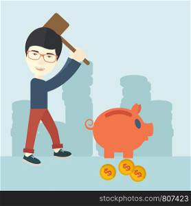 A chinese businessman standing while holding a hammer breaking piggy bank with dollar coins for financial assistance of his foreclosure business. Financial crisis concept. A contemporary style with pastel palette soft blue tinted background. Vector flat design illustration. Square layout. . Chinese guy holding a hammer breaking piggy bank.